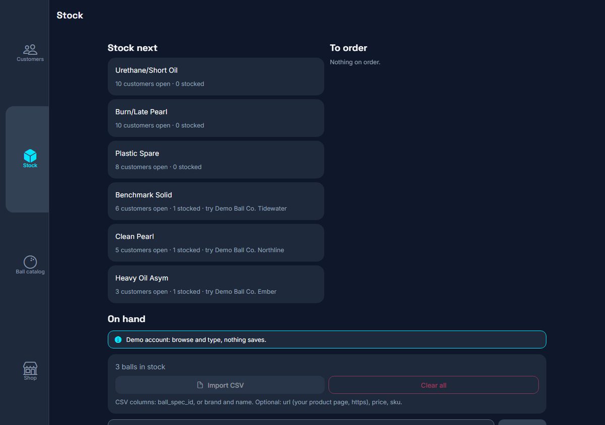 Stock tab with LayoutQ's six slots ranked by open customer demand, a to-order list, and the on-hand list